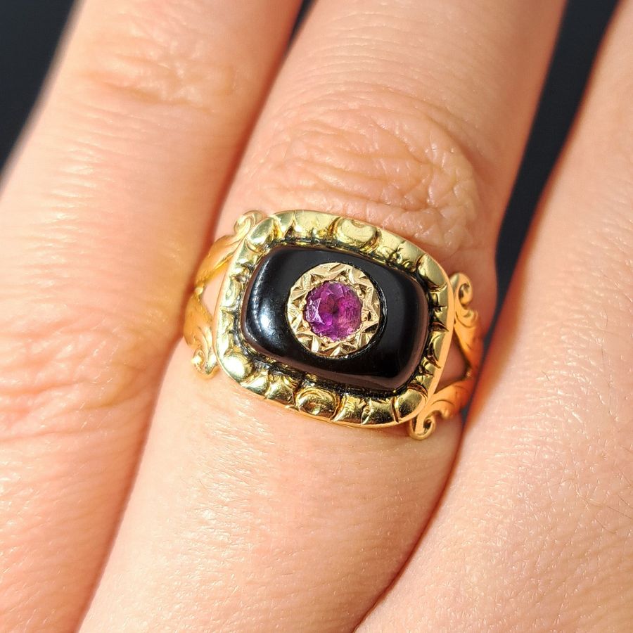 Antique The Antique Early Victorian Amethyst and Black Onyx Mourning Ring