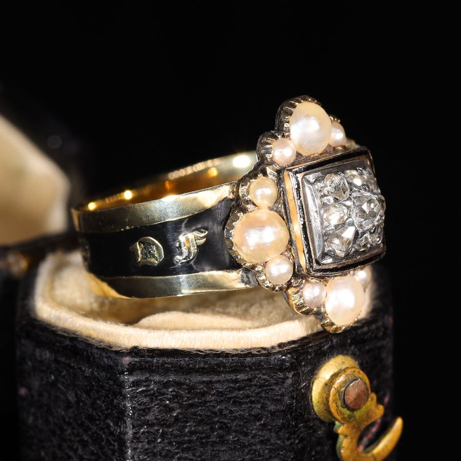 Antique The Antique Georgian 1823 Exquisite Diamond and Pearl Mourning Ring