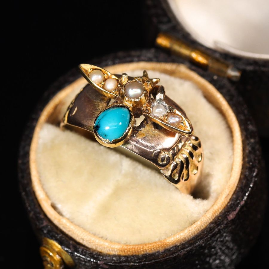 Antique The Antique Early 20th Century Turquoise and Split Pearl Fly Ring