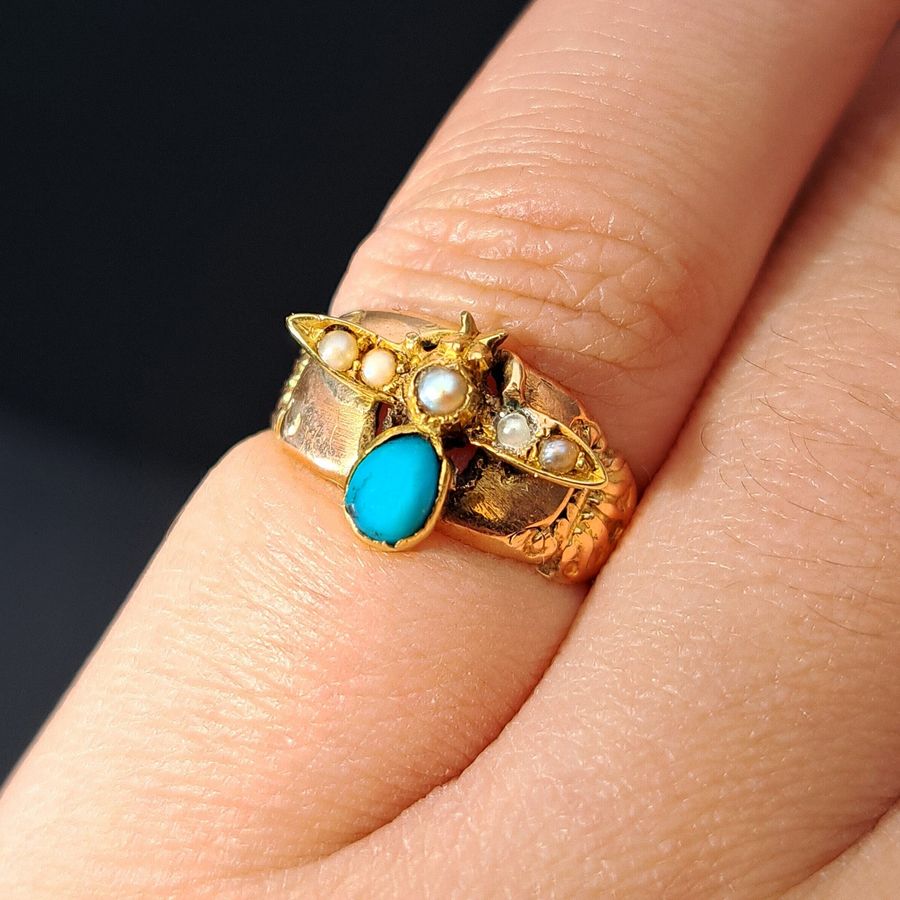 Antique The Antique Early 20th Century Turquoise and Split Pearl Fly Ring