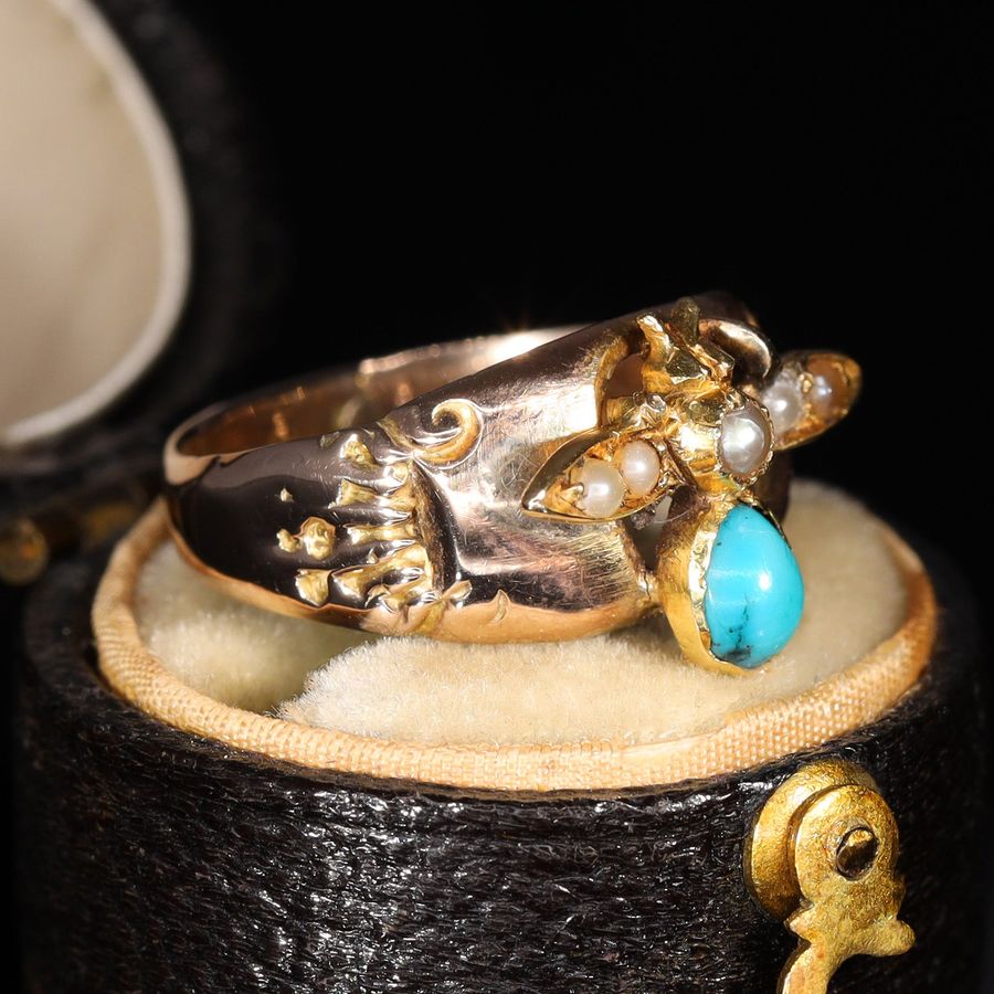 Antique The Antique Early 20th Century Turquoise and Split Pearl Fly Ring