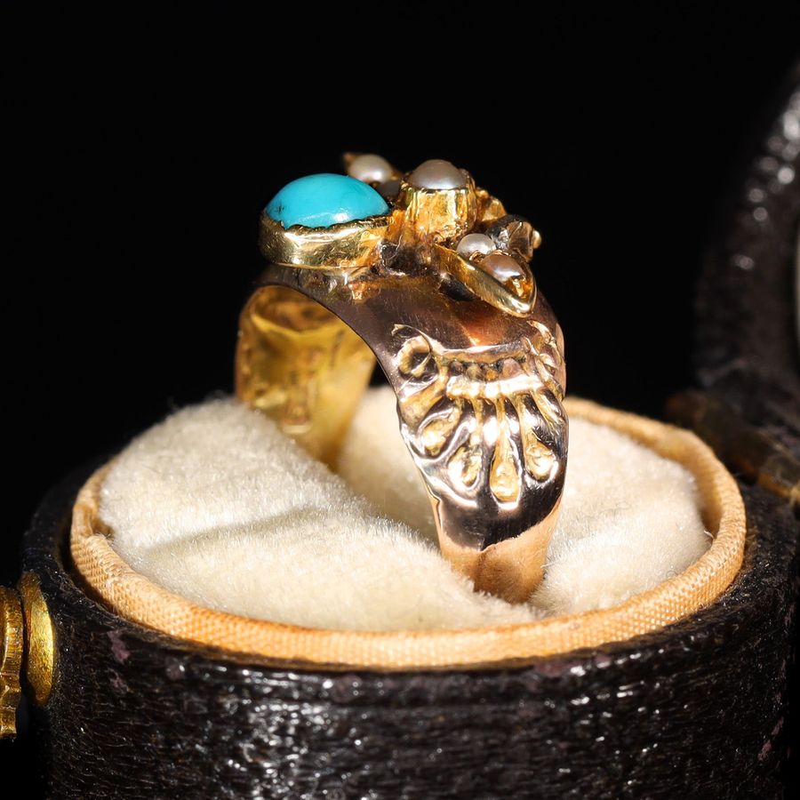 Antique The Antique Early 20th Century Turquoise and Split Pearl Fly Ring