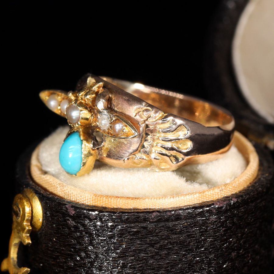 Antique The Antique Early 20th Century Turquoise and Split Pearl Fly Ring