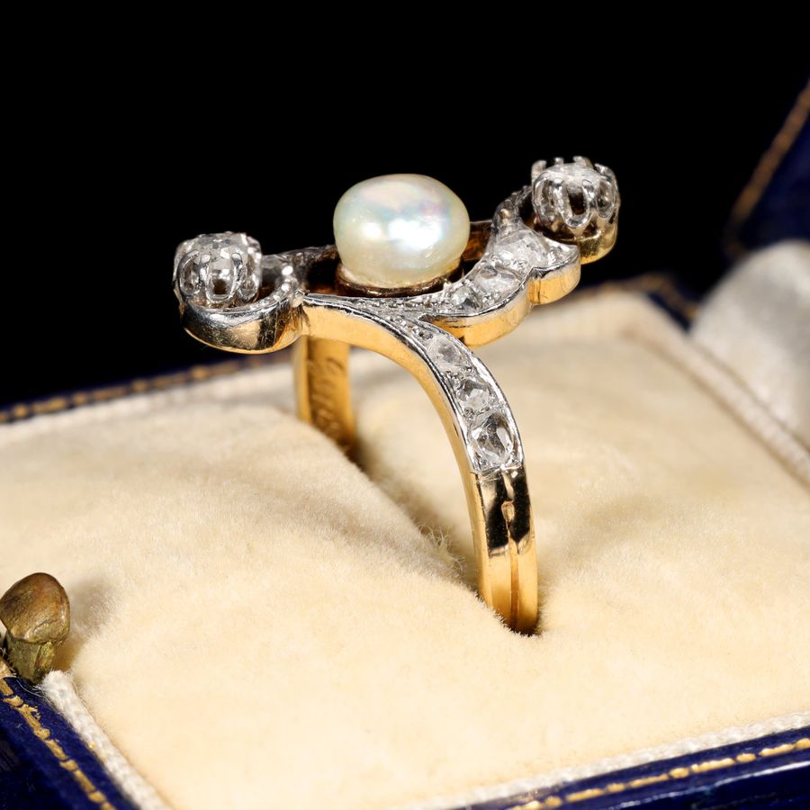 Antique The Antique 1917 Baroque Pearl and Rose Cut Diamond Elaborate Ring