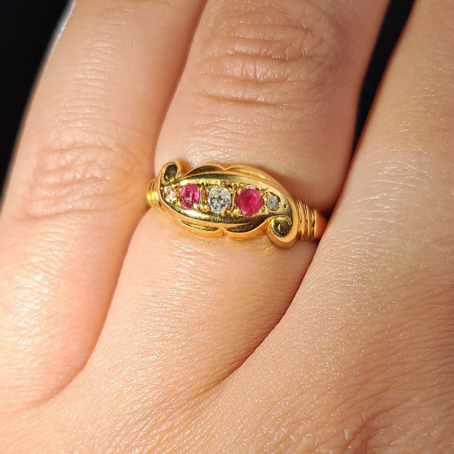 Antique The Antique 1919 Diamond and Ruby Scroll Ring