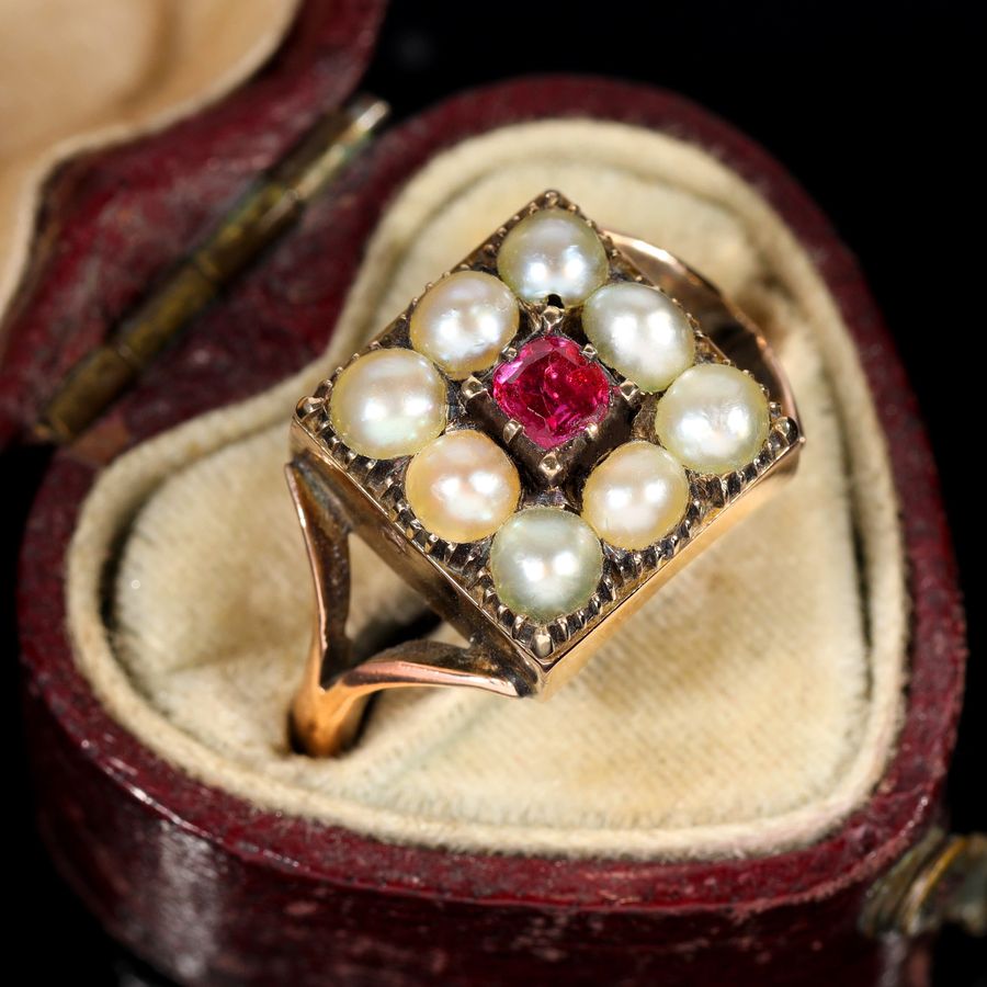 Antique The Antique Victorian Pearl and Ruby Cluster Ring