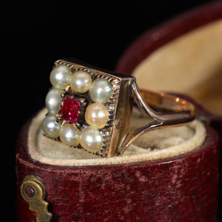 Antique The Antique Victorian Pearl and Ruby Cluster Ring