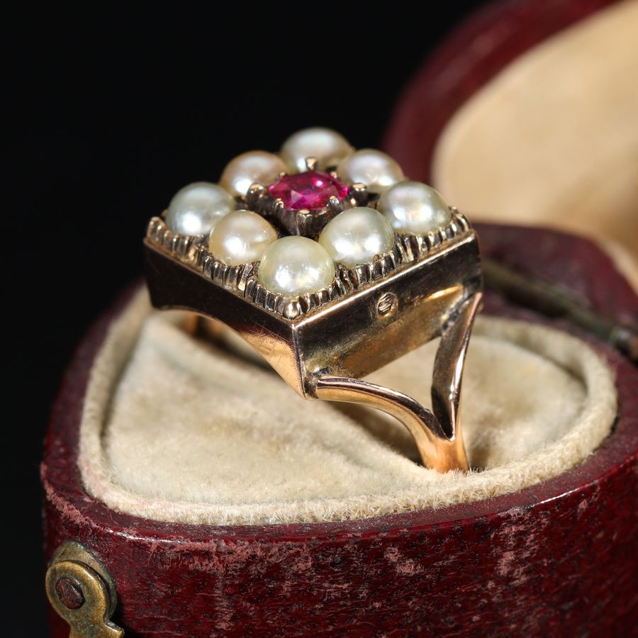 Antique The Antique Victorian Pearl and Ruby Cluster Ring