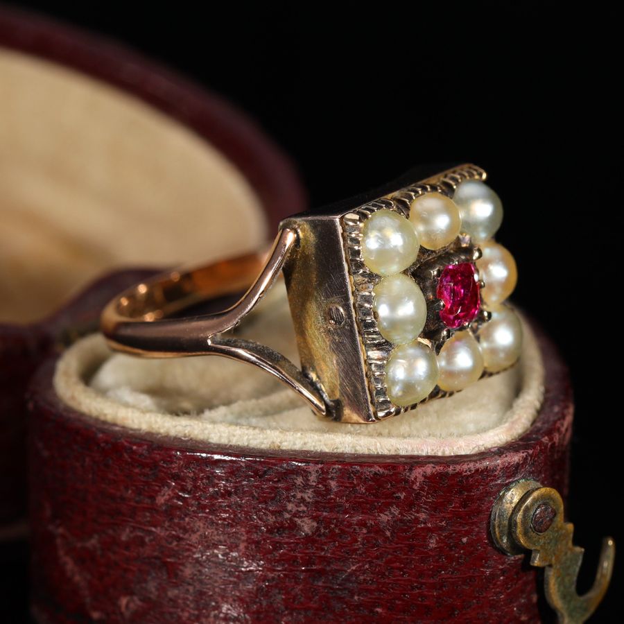 Antique The Antique Victorian Pearl and Ruby Cluster Ring