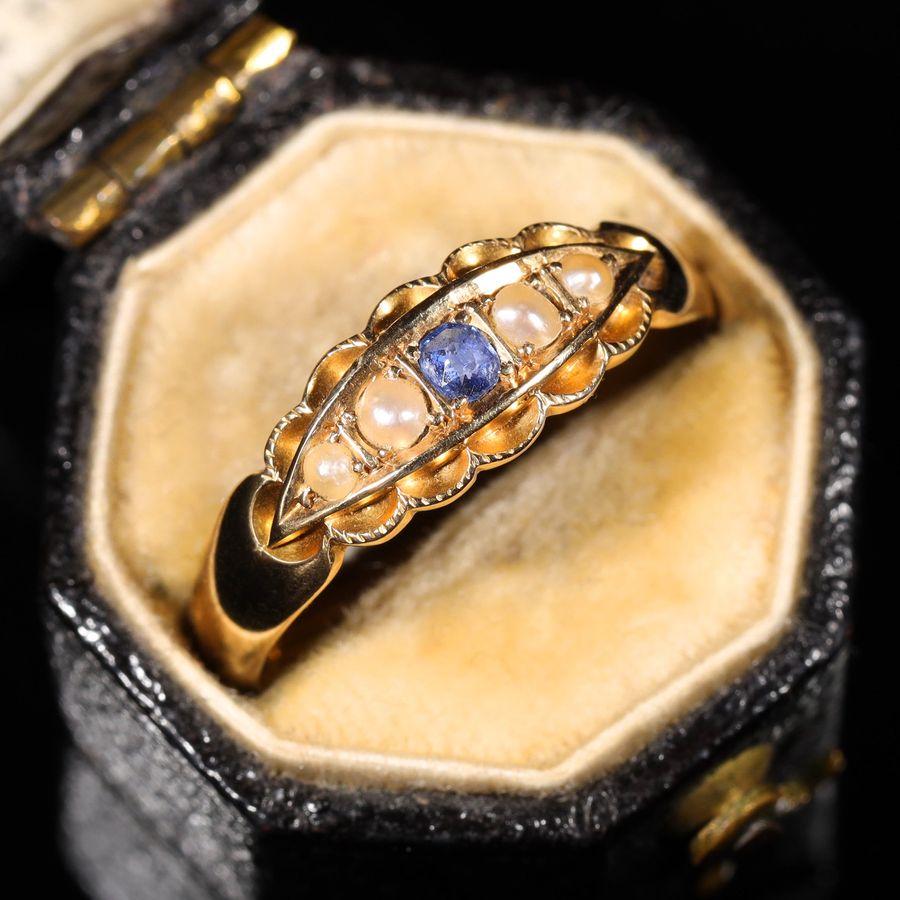 Antique The Antique 1897 Sapphire and Pearl Boat Ring