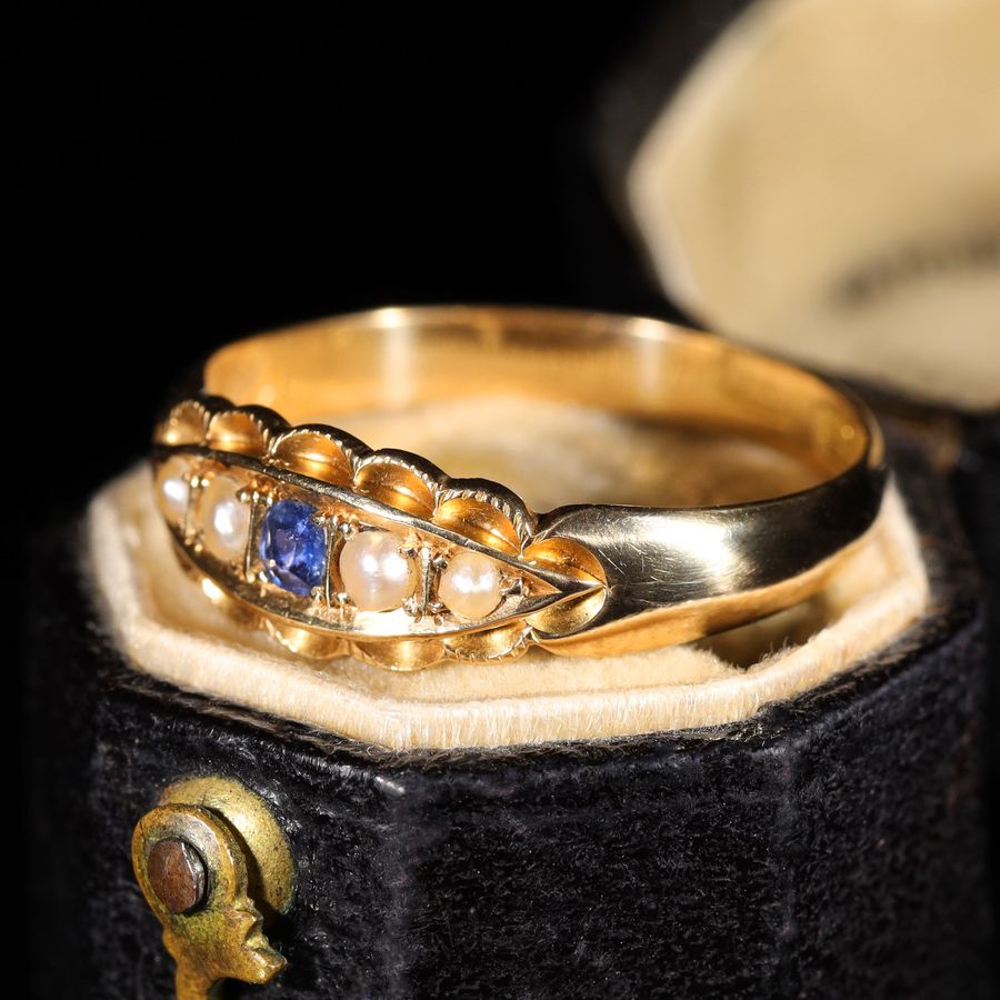 Antique The Antique 1897 Sapphire and Pearl Boat Ring