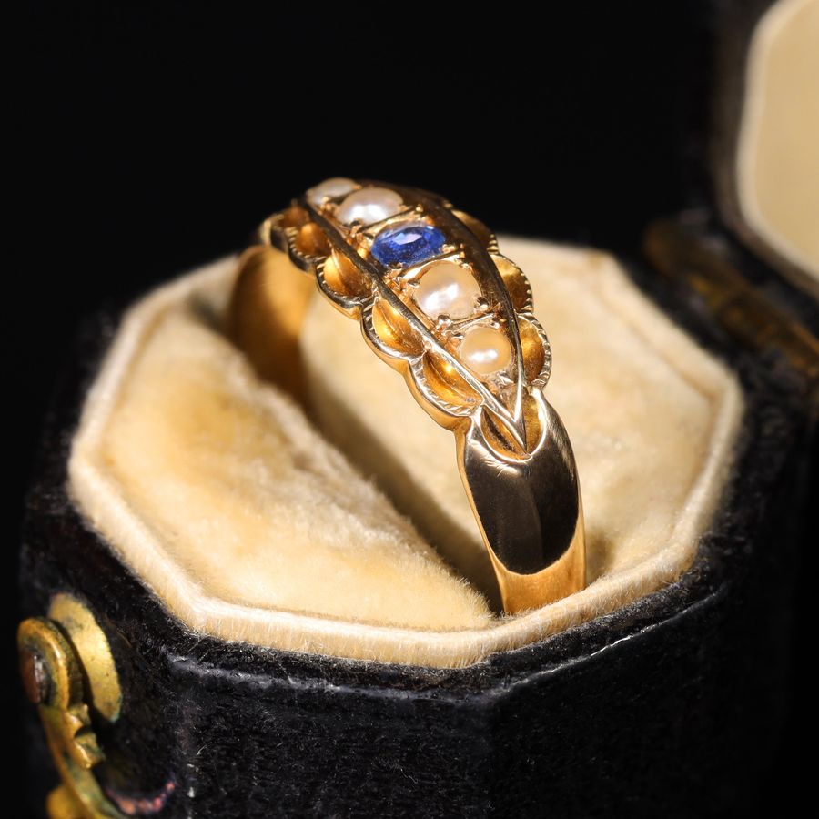 Antique The Antique 1897 Sapphire and Pearl Boat Ring