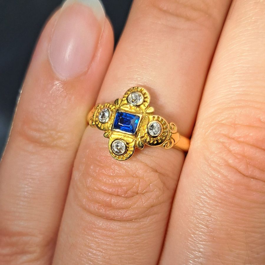 Antique The Antique Victorian Sapphire and Diamond Hand Carved Ring