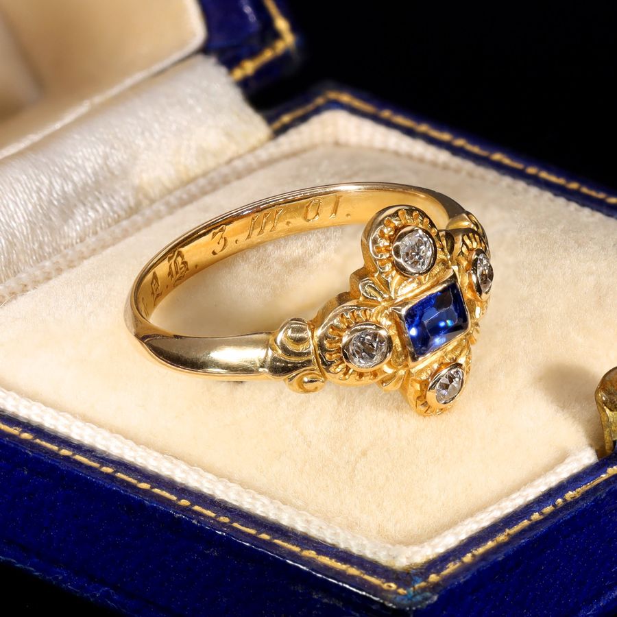 Antique The Antique Victorian Sapphire and Diamond Hand Carved Ring