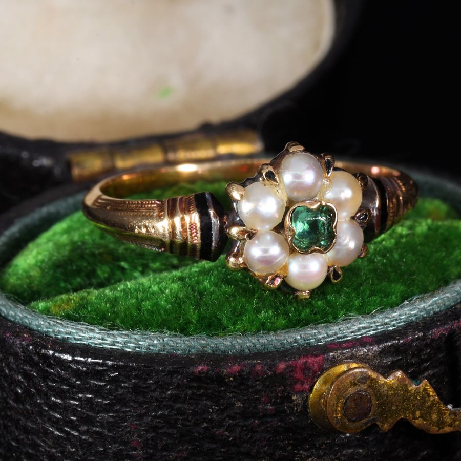 Antique The Antique 18th Century Emerald and Pearl Graceful Cluster Ring