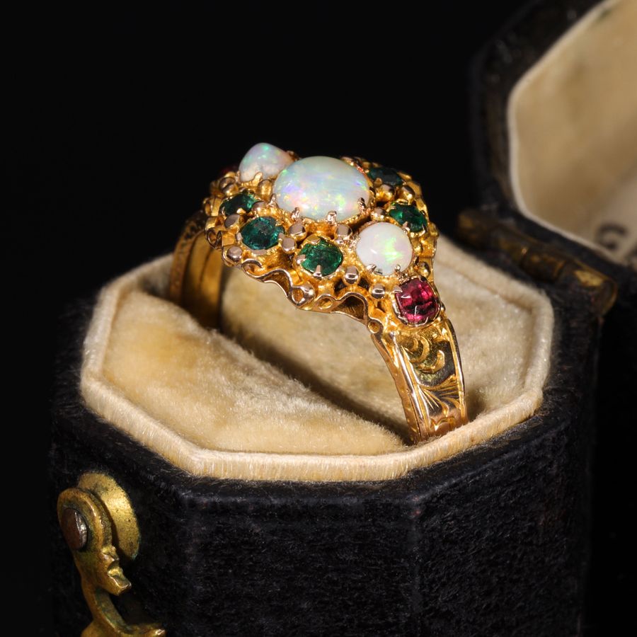 Antique The Antique Victorian 1871 Opal, Emerald and Garnet Juicy Ring