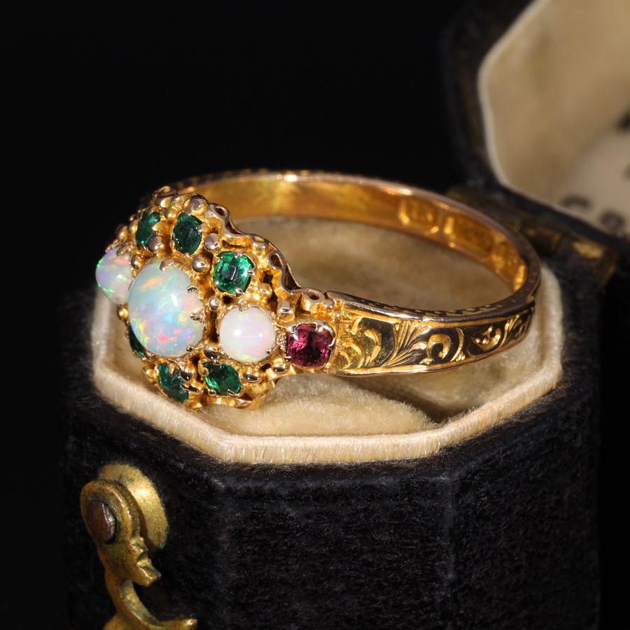 Antique The Antique Victorian 1871 Opal, Emerald and Garnet Juicy Ring