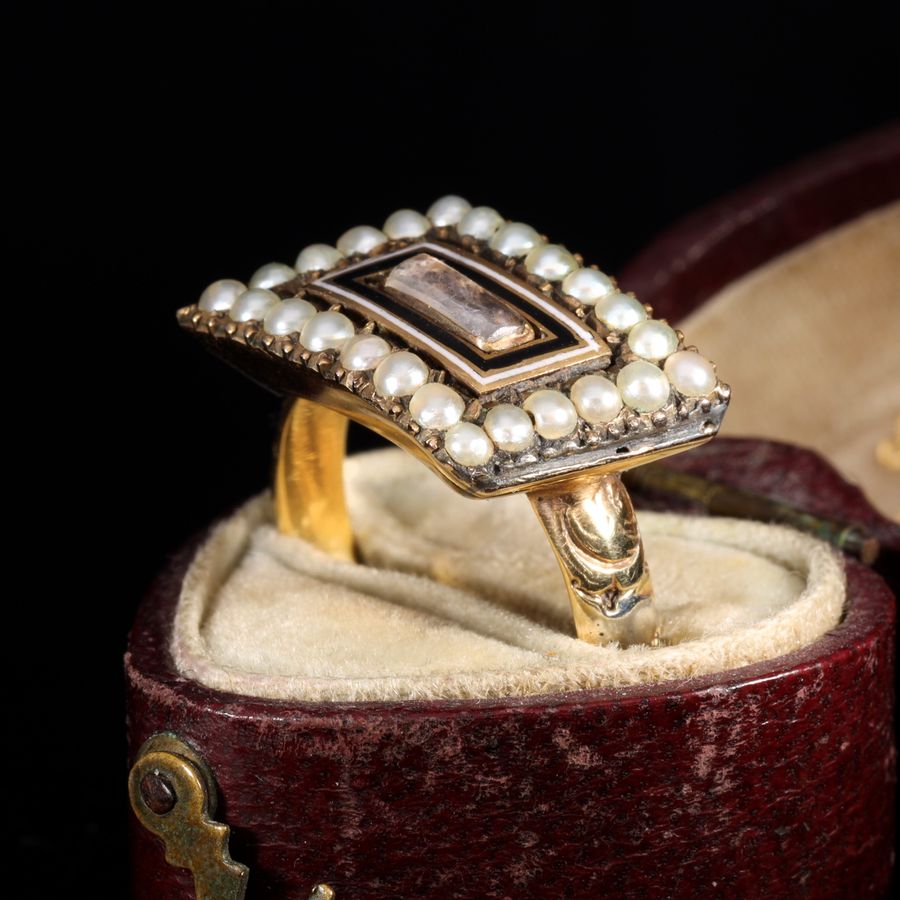 Antique The Antique Georgian 1810 Hairwork, Enamel and Pearl Mourning Ring