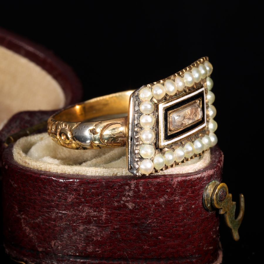 Antique The Antique Georgian 1810 Hairwork, Enamel and Pearl Mourning Ring