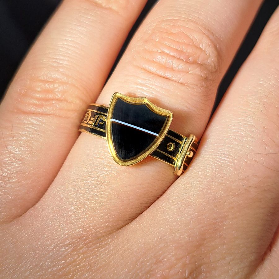 Antique The Antique Victorian 1867 Banded Onyx Buckle Mourning Ring