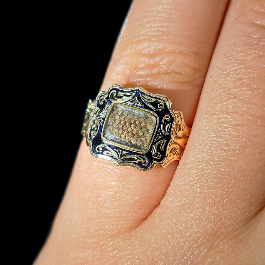 Antique The Antique Victorian 1864 Enamel and Hairwork 9ct Gold Mourning Ring