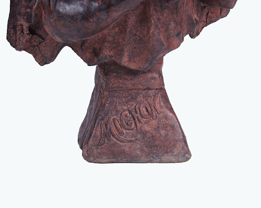Antique Antique Bust, Red Aggregate Statue Signed Mignon
