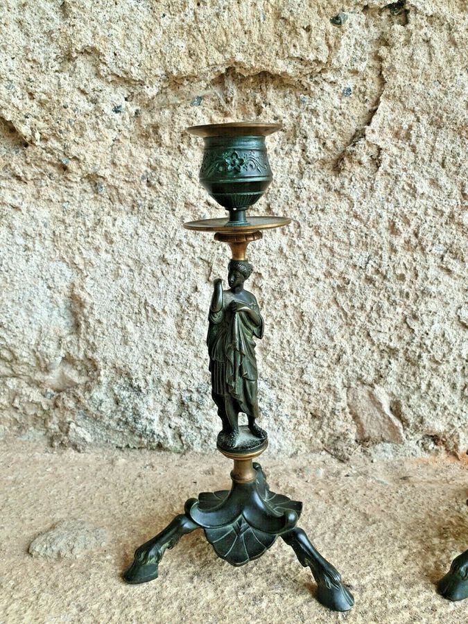 Antique Antique Candlesticks, French Bronze Statuette Candlesticks