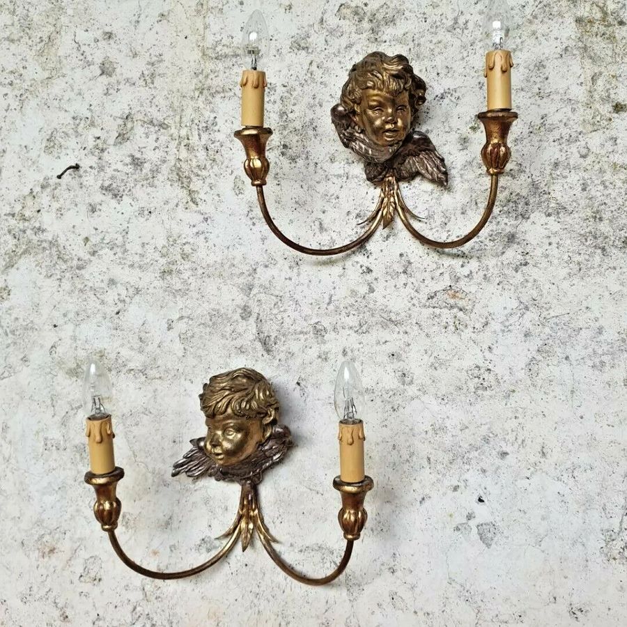 Antique French Sconces Wall Lights  Unusual Cherub Unique RARE Wooden Bust