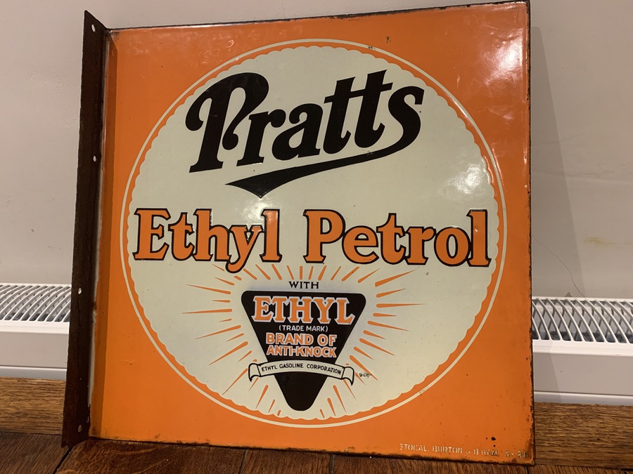 Antique Pratts Ethyl Petrol vintage double sided enamelled steel advertising sign