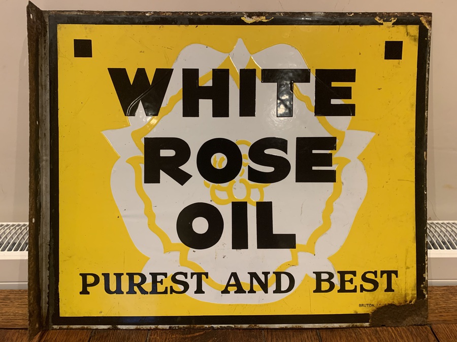 Antique White Rose Oil vintage double sided enamelled steel advertising sign