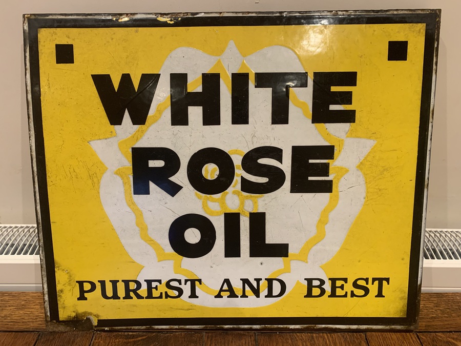 Antique White Rose Oil vintage double sided enamelled steel advertising sign