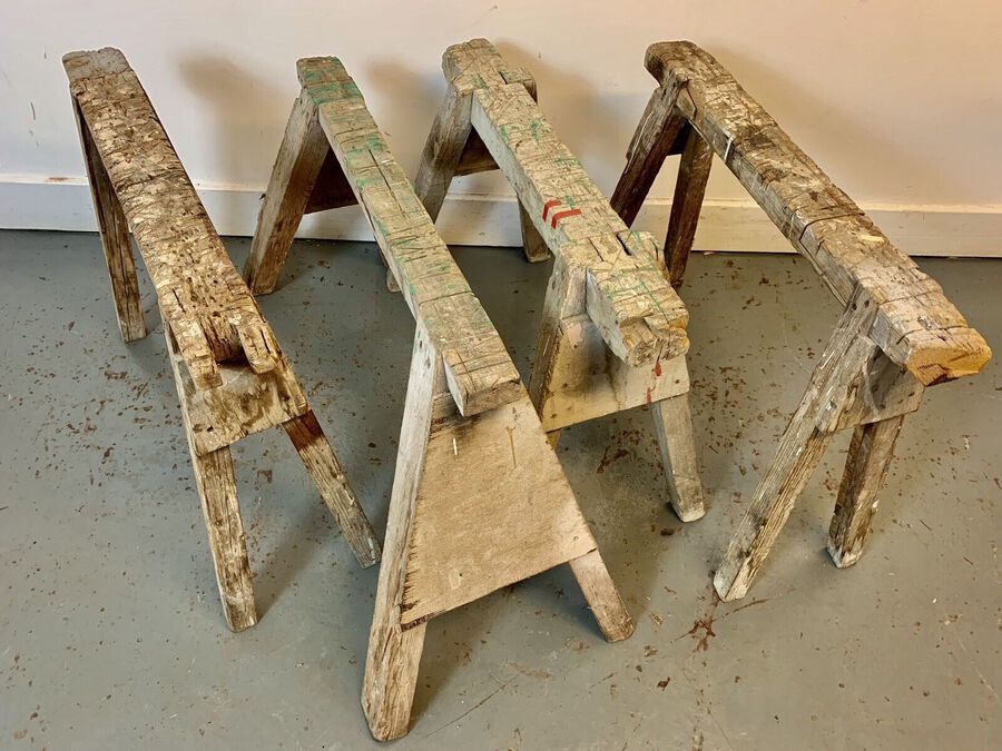 Antique A Set Of Four Vintage Industrial Wooden Trestle Stand Work Saw Horses.