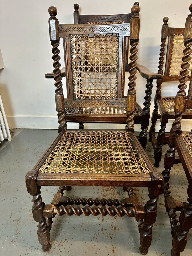 Antique A Rare & Beautiful 1920’s Year Old Antique Oak Barley Twist Bergere Cane Chairs