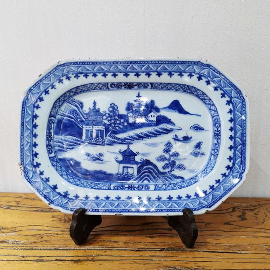 Antique Blue and white square plate ANTIQUES.CO.UK