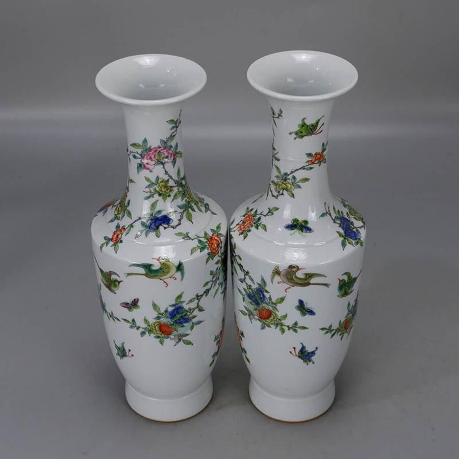 Antique Five-color pomegranate bird and flower long-necked vase ...