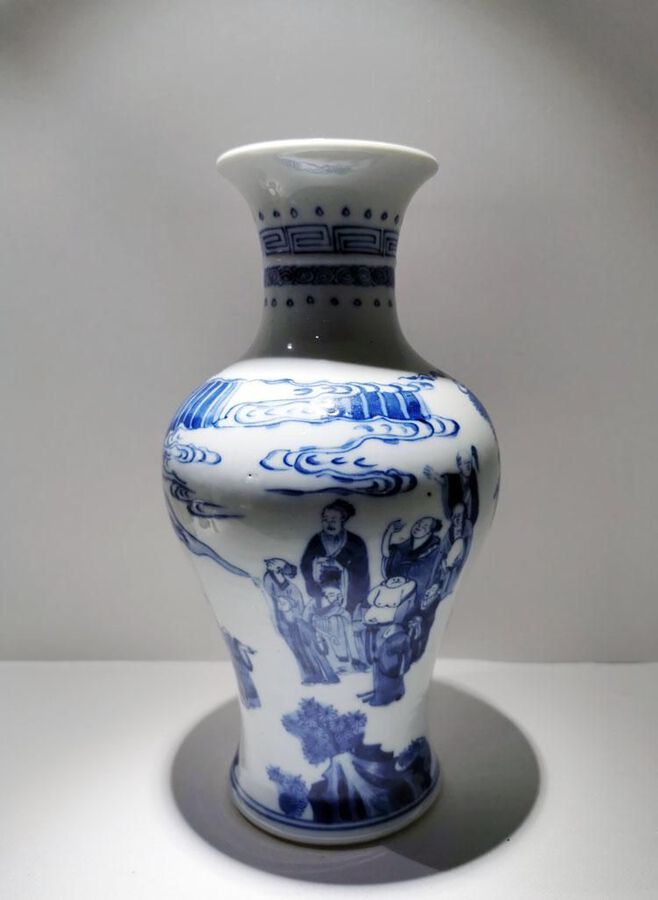 Blue and white vase with immortals wishing longevity