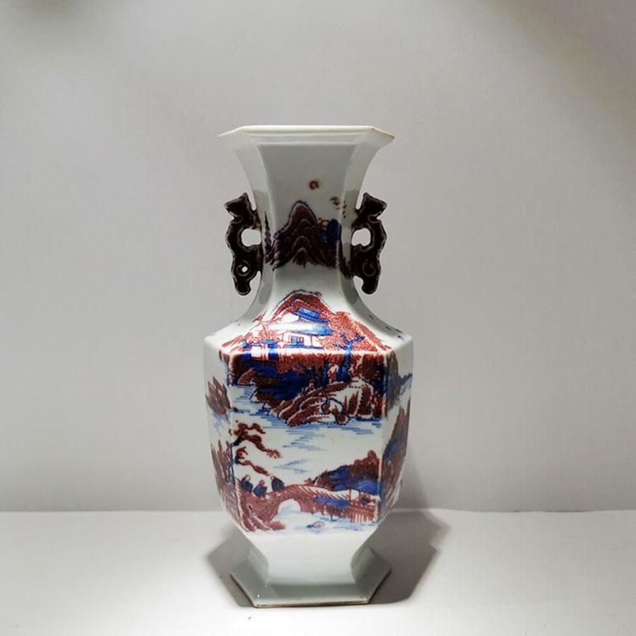 Qing Hua Glazed Red Hexagonal Vase