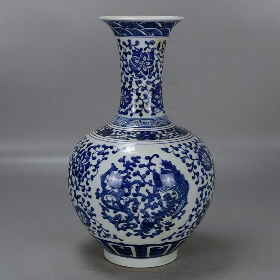 Blue and white porcelain vase with dragon and phoenix motif
