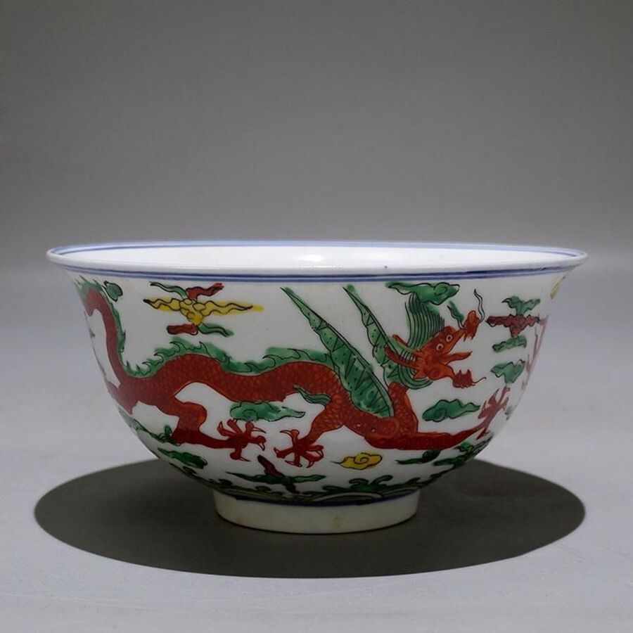 Five-color blue and white bowl with double dragons