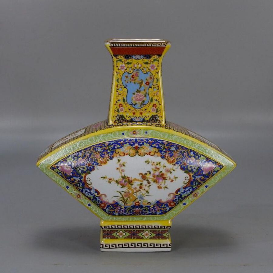 Enameled fan-shaped vase with flowers and birds