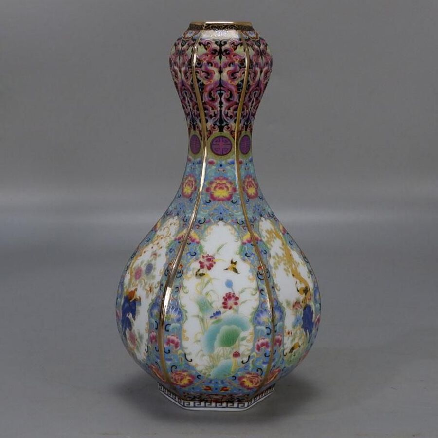 Enameled bird and flower garlic vase