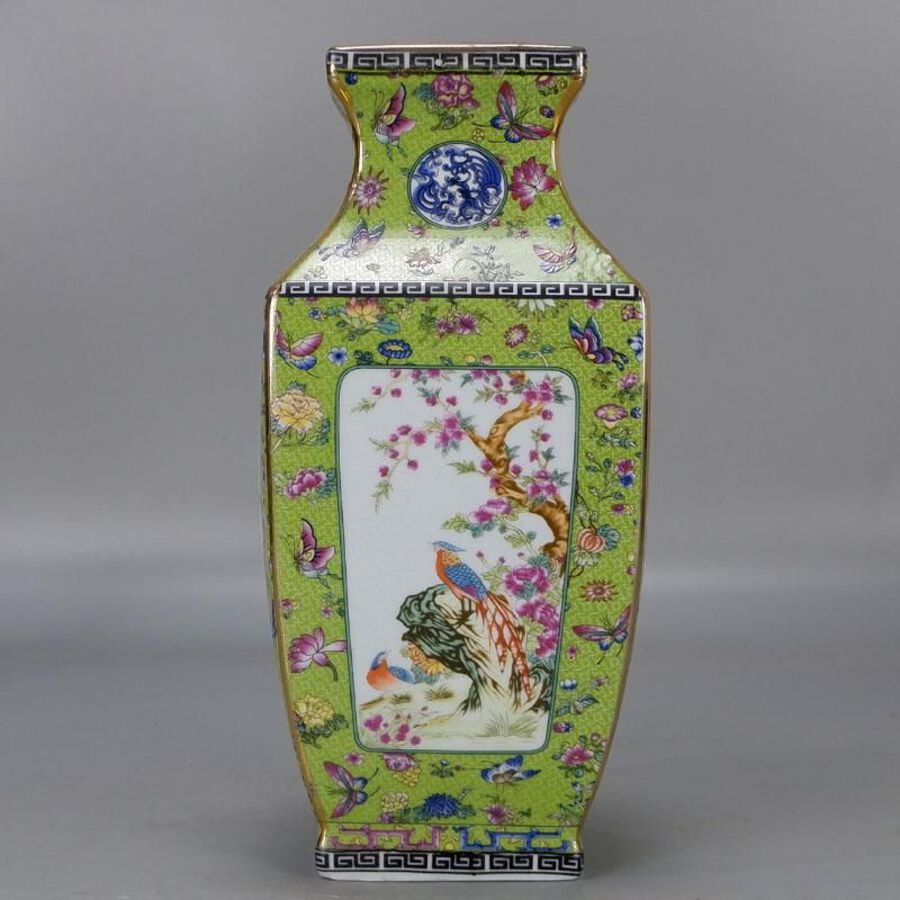 Enameled four-sided vase with flowers and birds