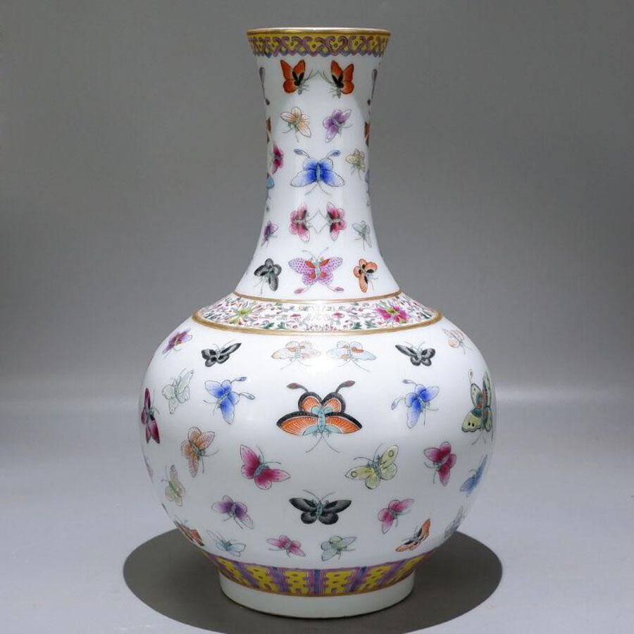 Enameled white butterfly vase