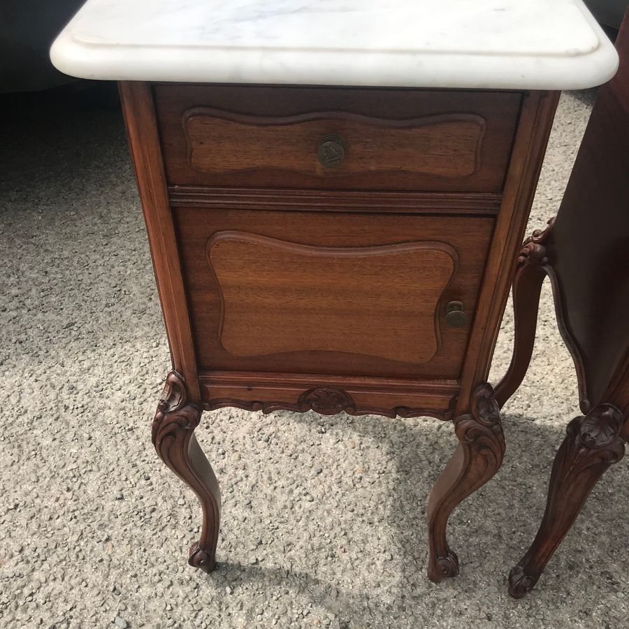 Antique Pair Of Antique French Marble Top Bedside Cupboards 