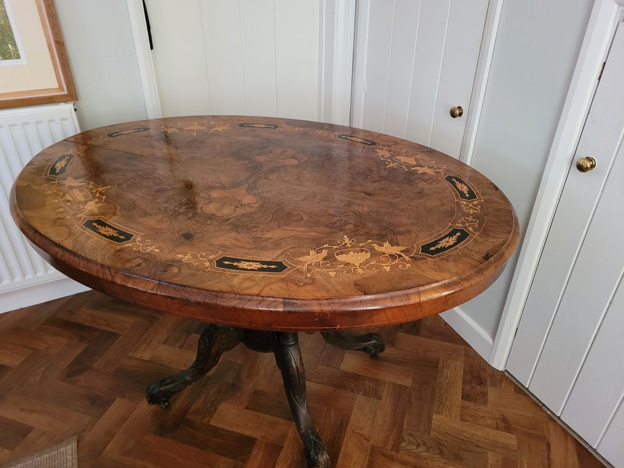 Antique Inlaid Burr Walnut Victorian Loo Table
