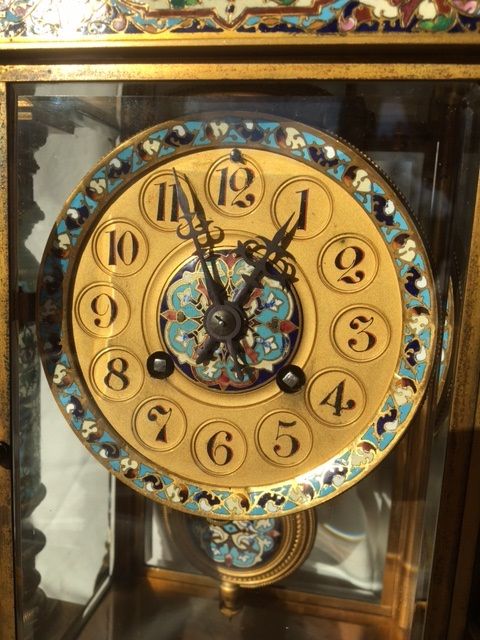 Antique Superb 19th Century Bronze and Champleve Four-Glass Mantle Clock by Japy, on Original Giltwood Base