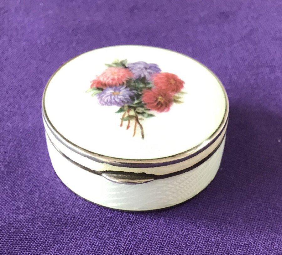 Antique Silver Enamel Hinged Lid Powder / Pill Box Circa 1930
