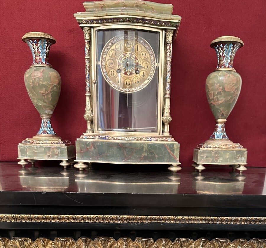 Antique French Onyx And Champleve Clock Set Circa 1880