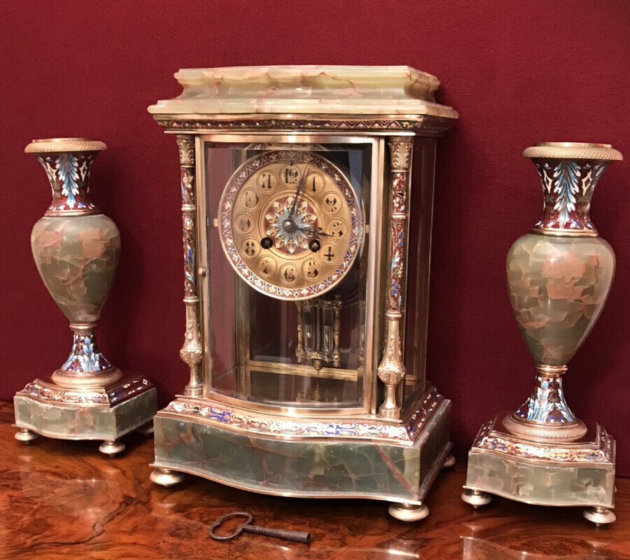 Antique French Onyx And Champleve Clock Set Circa 1880