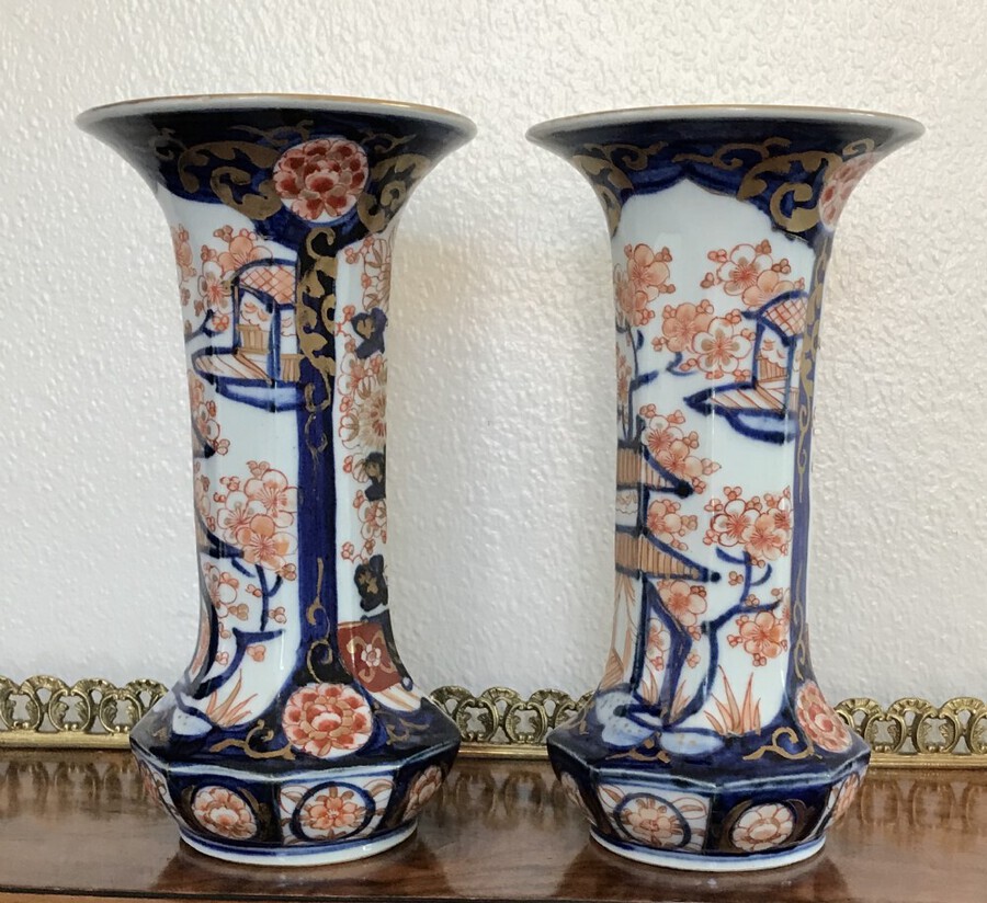 Antique A Pair Of Trumpet Shaped Imari Vases Circa 1900